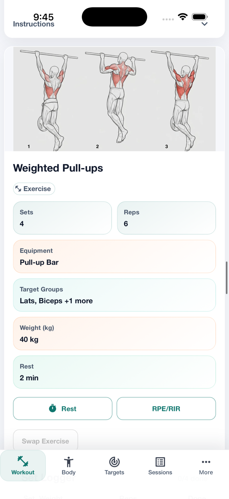 Weighted Pull-ups exercise detail with illustration, sets, reps, equipment, and rest.