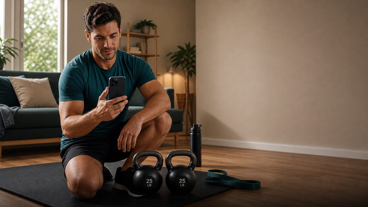 Person holding a matte black phone beside a pair of 25 lb kettlebells during home training.