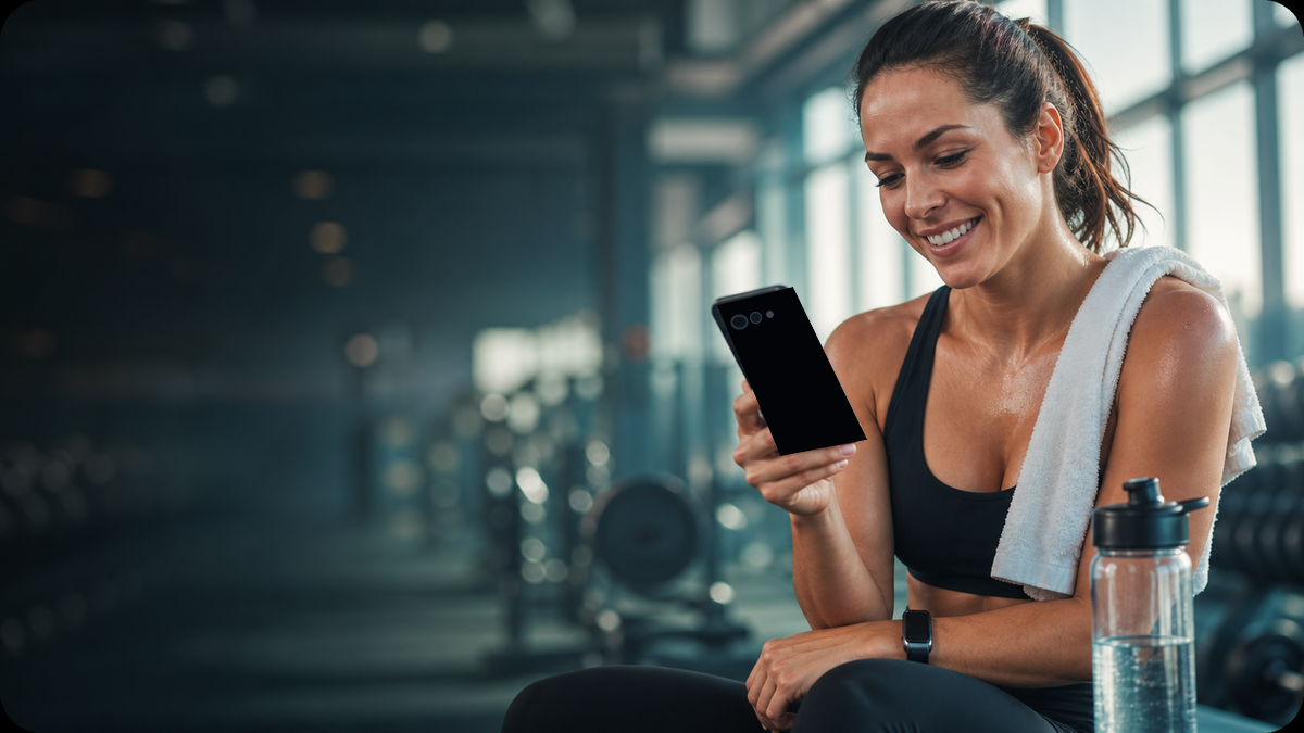Person smiling while holding a matte black phone after training in a gym.